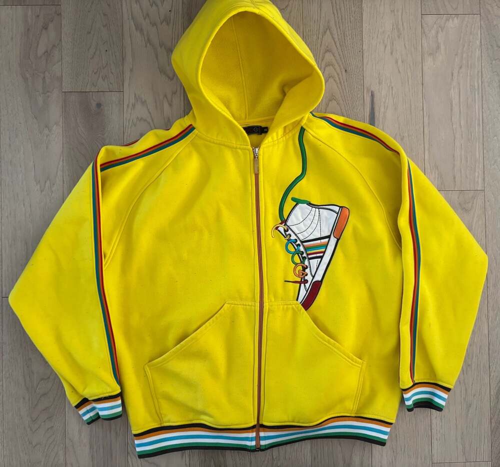 Coogi Men's Yellow Full Zip Hoodie with Embroidered Sneaker Graphic